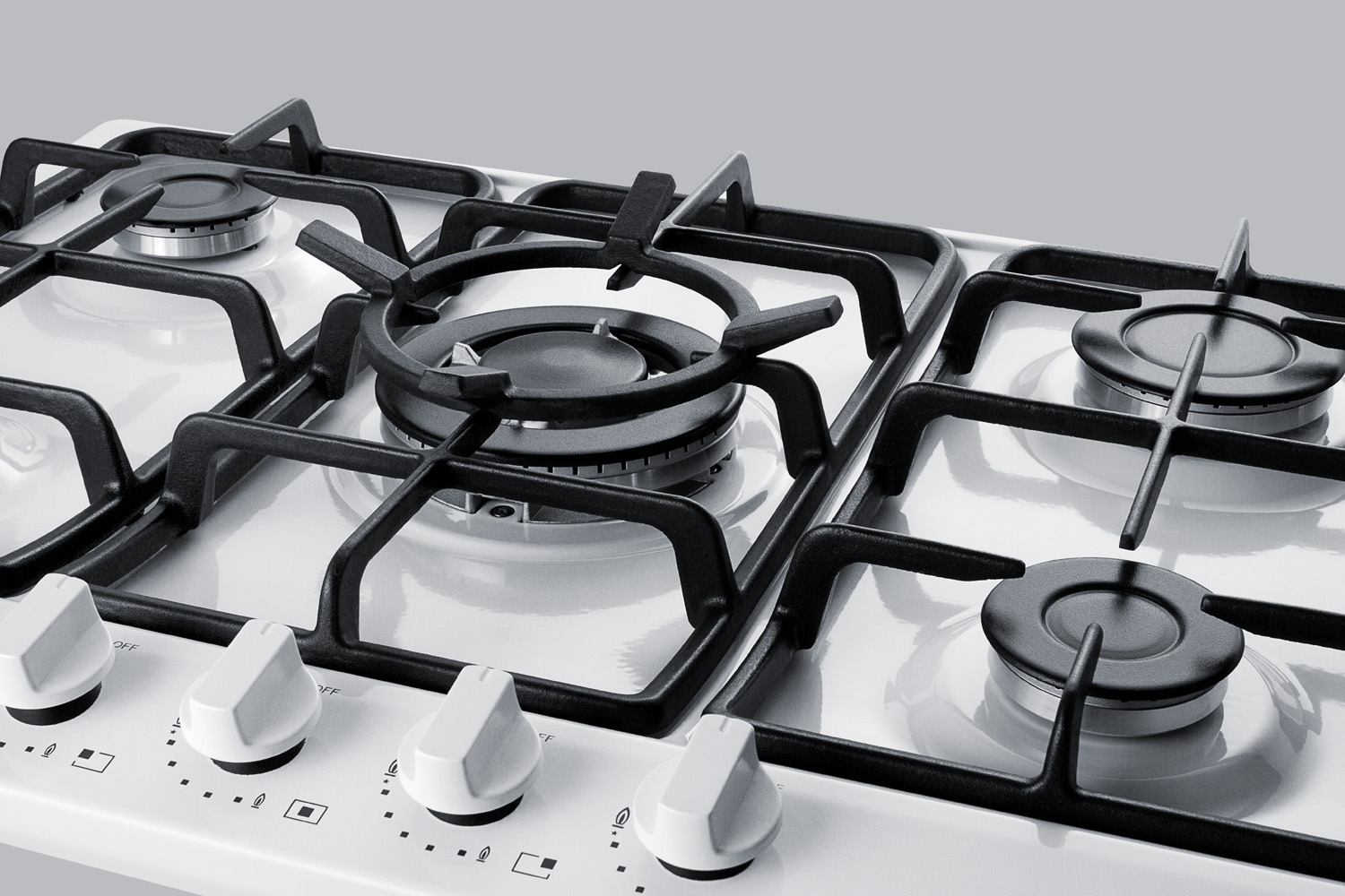 5-burner gas cooktop made in Italy in white finish with sealed burners, cast iron grates, wok stand, and stainless steel frame to allow installation in 30